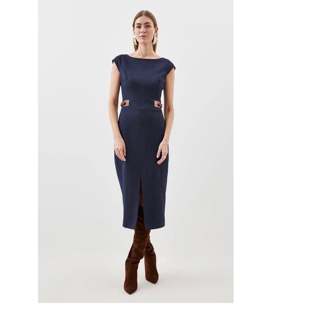 Karen Millen Tailored Denim Tab Detail Cap Sleeve Midi Pencil Dress Blue Size 10